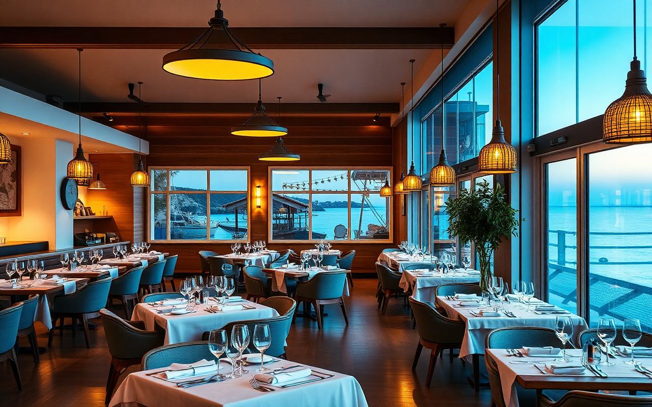 Sala elegante del ristorante Nereide con tavoli apparecchiati e vista mare