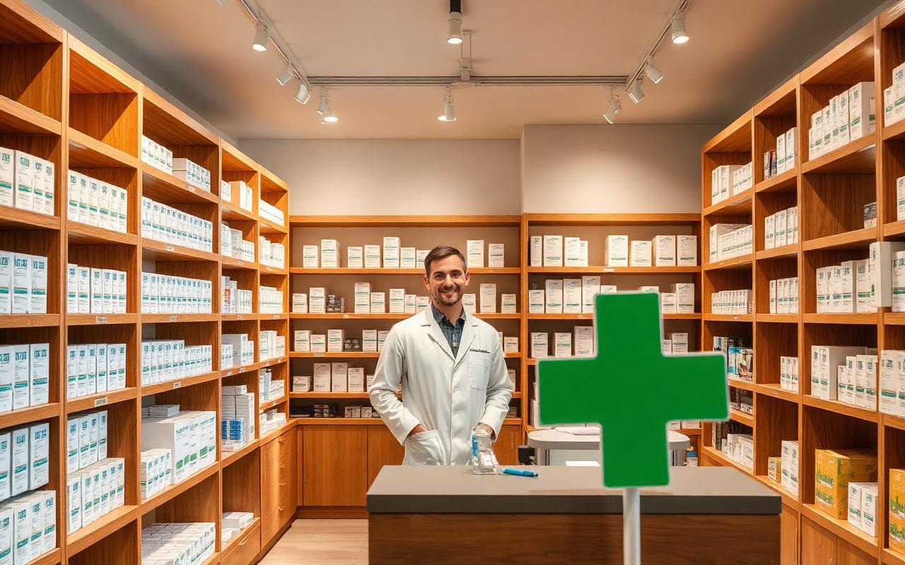 Interno della Farmacia Saccà con scaffali in legno e farmacista al banco