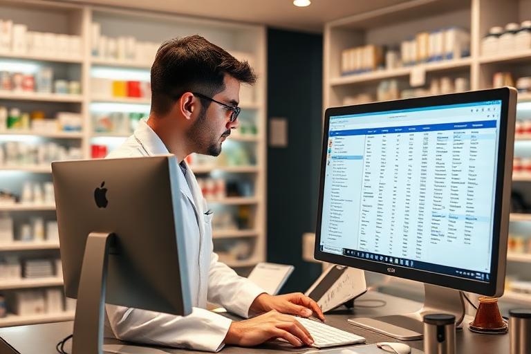 Farmacista consulta la banca dati farmaci al computer