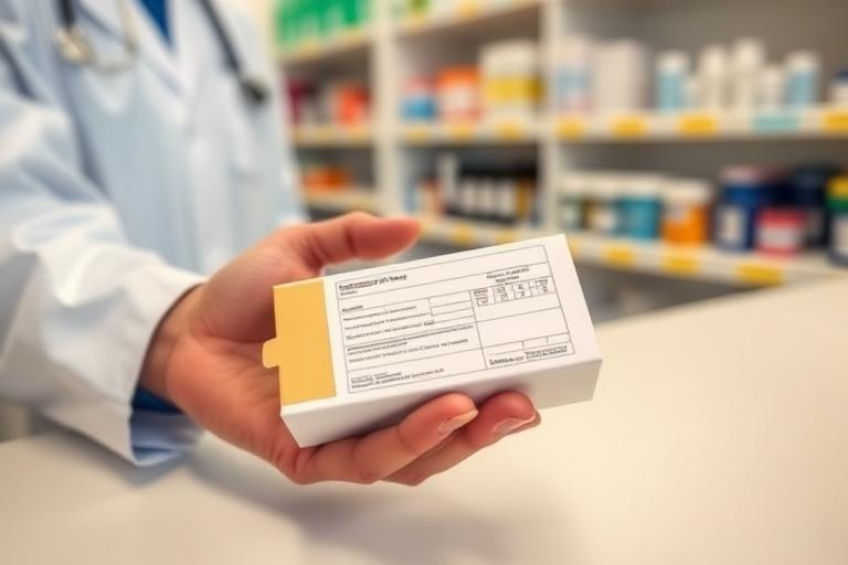 Mano del farmacista mostra una confezione di farmaco con foglio prescrizione