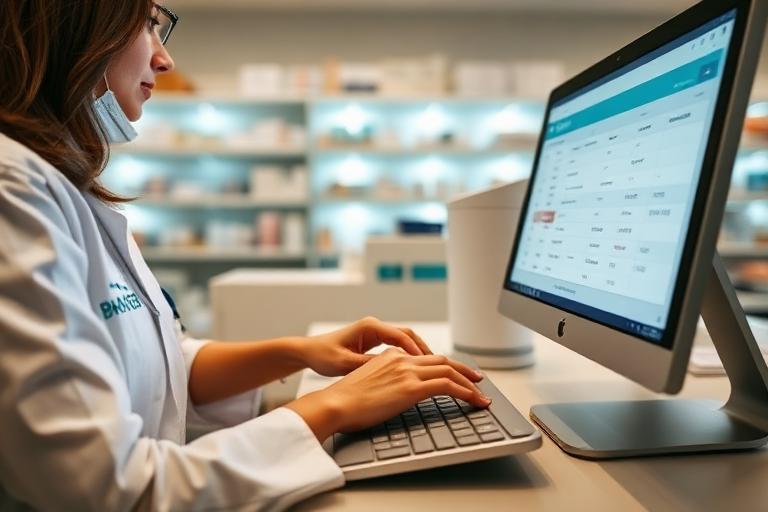 Farmacista digita su tastiera per cercare un farmaco al computer
