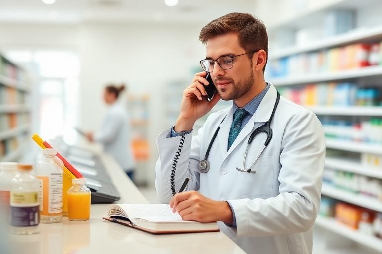 Farmacista al telefono prende appunti su un quaderno al banco