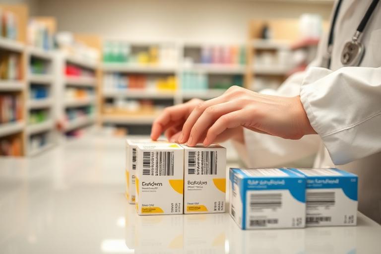 Farmacista aggiorna l'etichetta prezzo di una confezione di farmaco