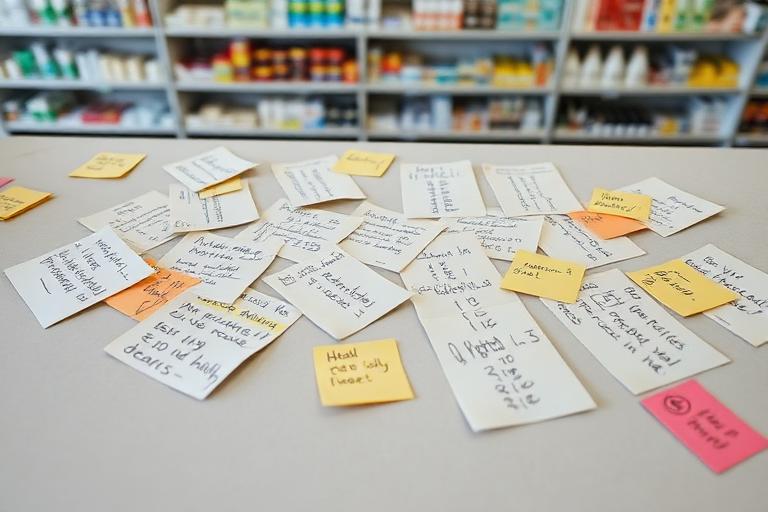 Note cartacee e post-it con ordini clienti sparsi sul bancone della farmacia