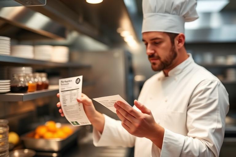 Chef controlla l'etichetta degli ingredienti in cucina