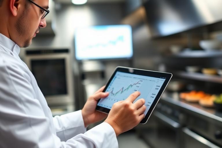Chef analizza grafici di food cost su un tablet