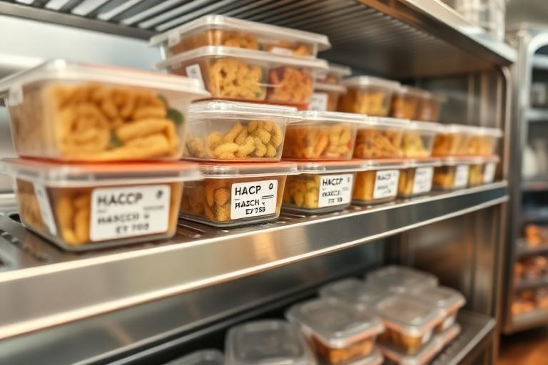 Contenitori alimentari con etichette di lotto HACCP su scaffali in acciaio