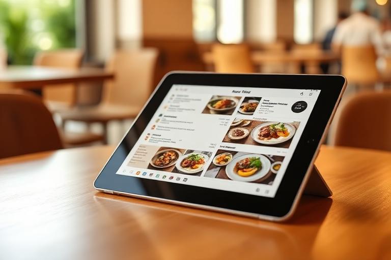 Tablet su tavolo che mostra un menù digitale