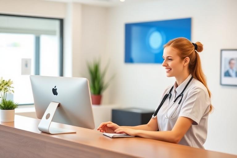 Receptionist consulta l'anagrafica paziente al computer