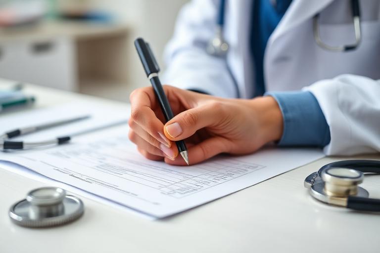 Medico compila una ricetta medica accanto a uno stetoscopio