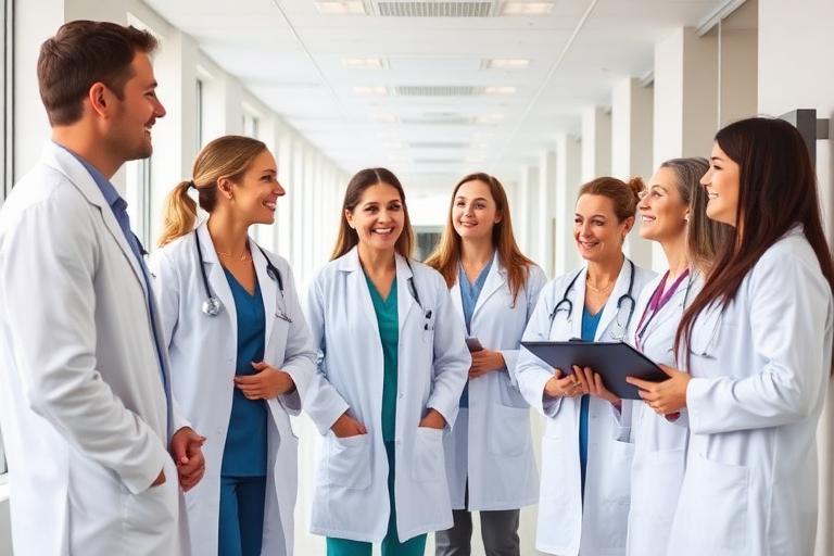 Gruppo di professionisti sanitari in corridoio di clinica