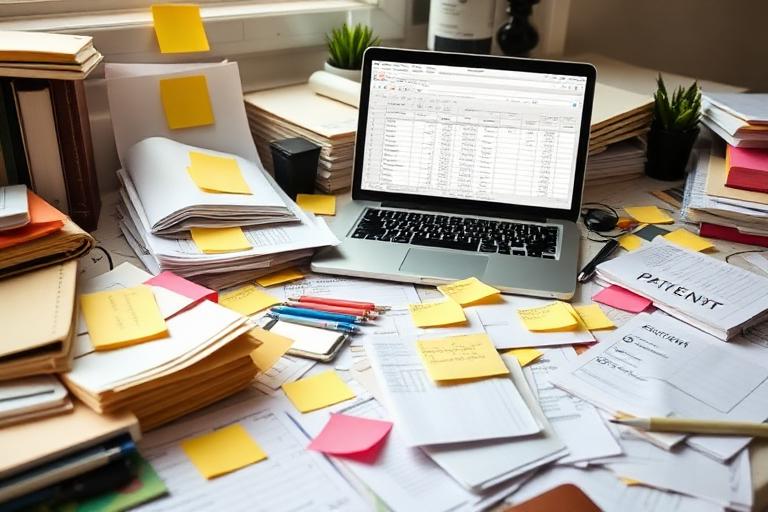 Scrivania ingombra di cartelle pazienti, post-it e laptop con foglio Excel