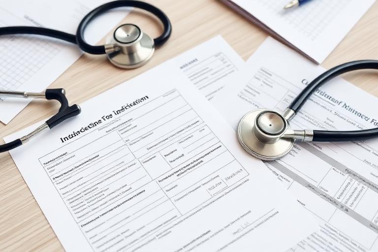 Moduli sanitari, ricetta medica e stetoscopio su scrivania
